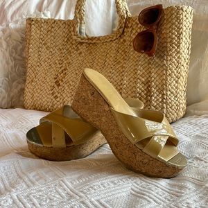 Jimmy Choo Taupe wedge sandals Size 8.5 with gold accents
